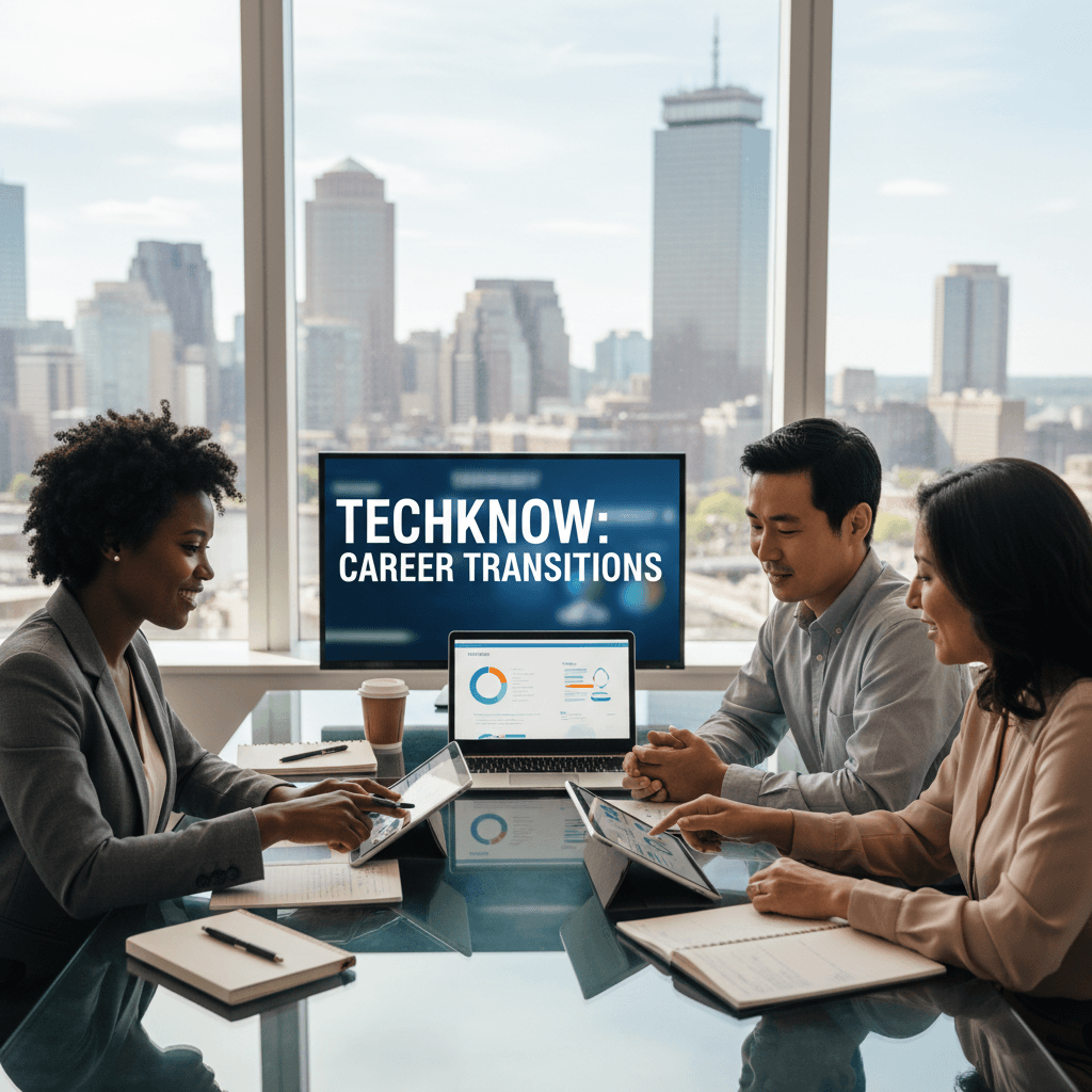 Diverse professionals in a Boston conference room strategizing with a city view.
