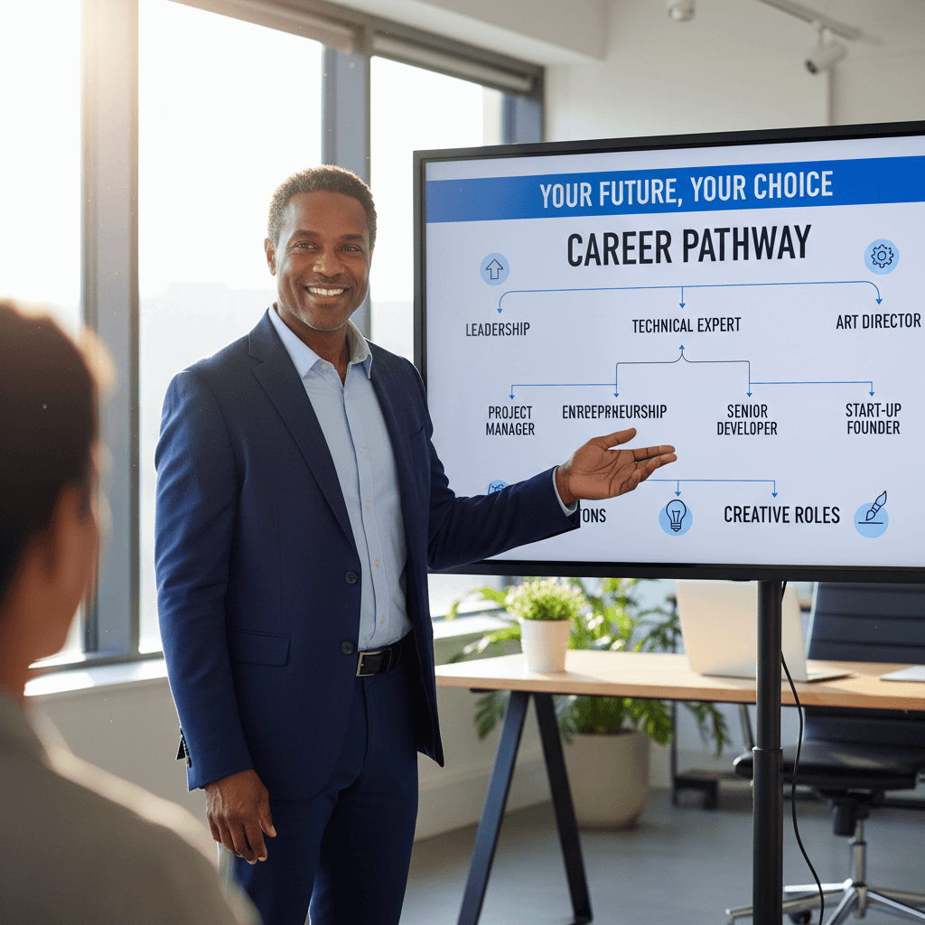 Coach pointing to career pathway options on board