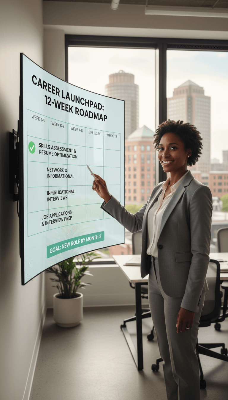 Job seeker of color engaging with a roadmap checklist on a digital calendar