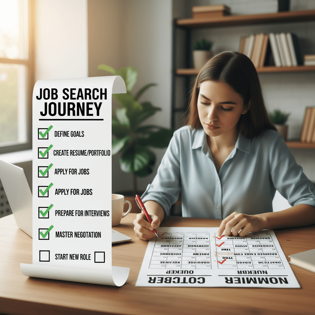 Job seeker following step-by-step roadmap checklist with weekly milestones on calendar