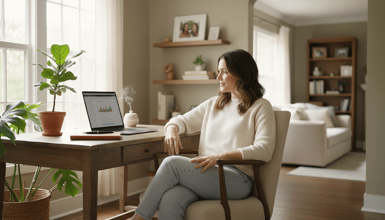 Professional woman reviewing career transition materials at her desk in a bright modern office