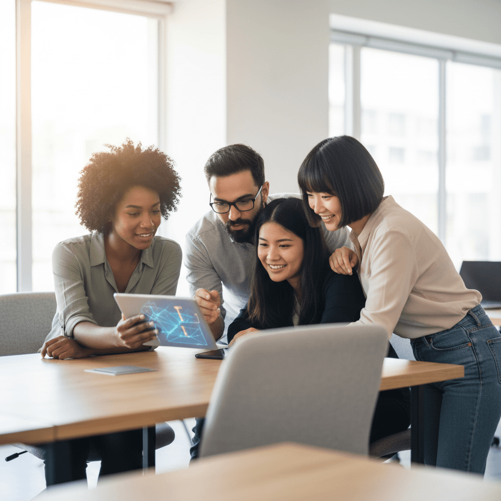 Diverse group of young adults collaboratively reviewing job opportunities on tablet in modern co-working space