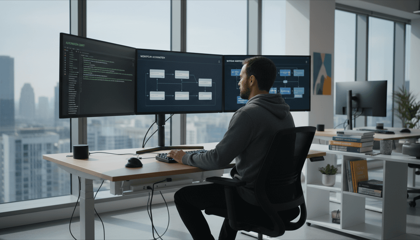 Developer working on multi-monitor setup with code and automation workflows in bright modern tech workspace