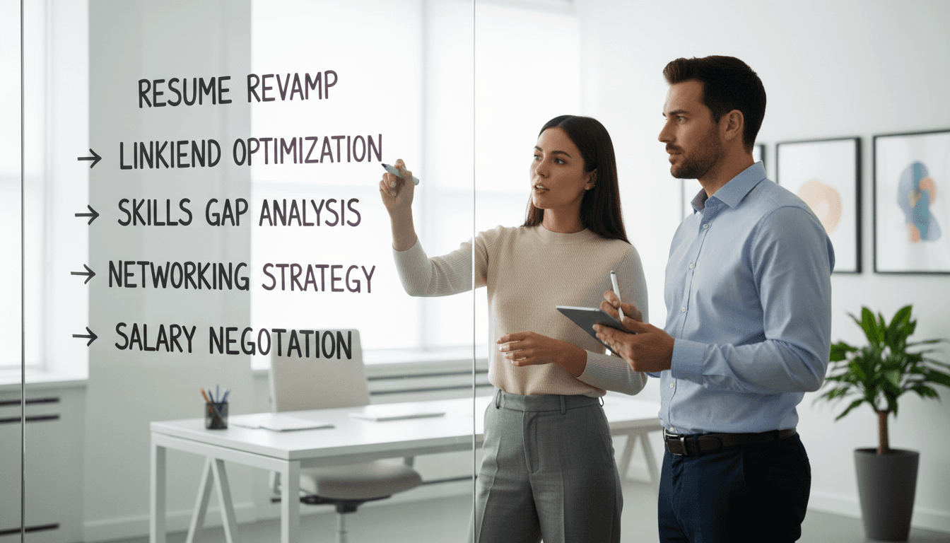 Career consultant presenting resume strategy on whiteboard while engaged client takes notes in office