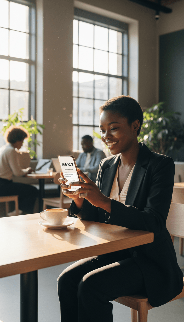 Professional woman reviewing job opportunities on smartphone in bright café with optimistic expression