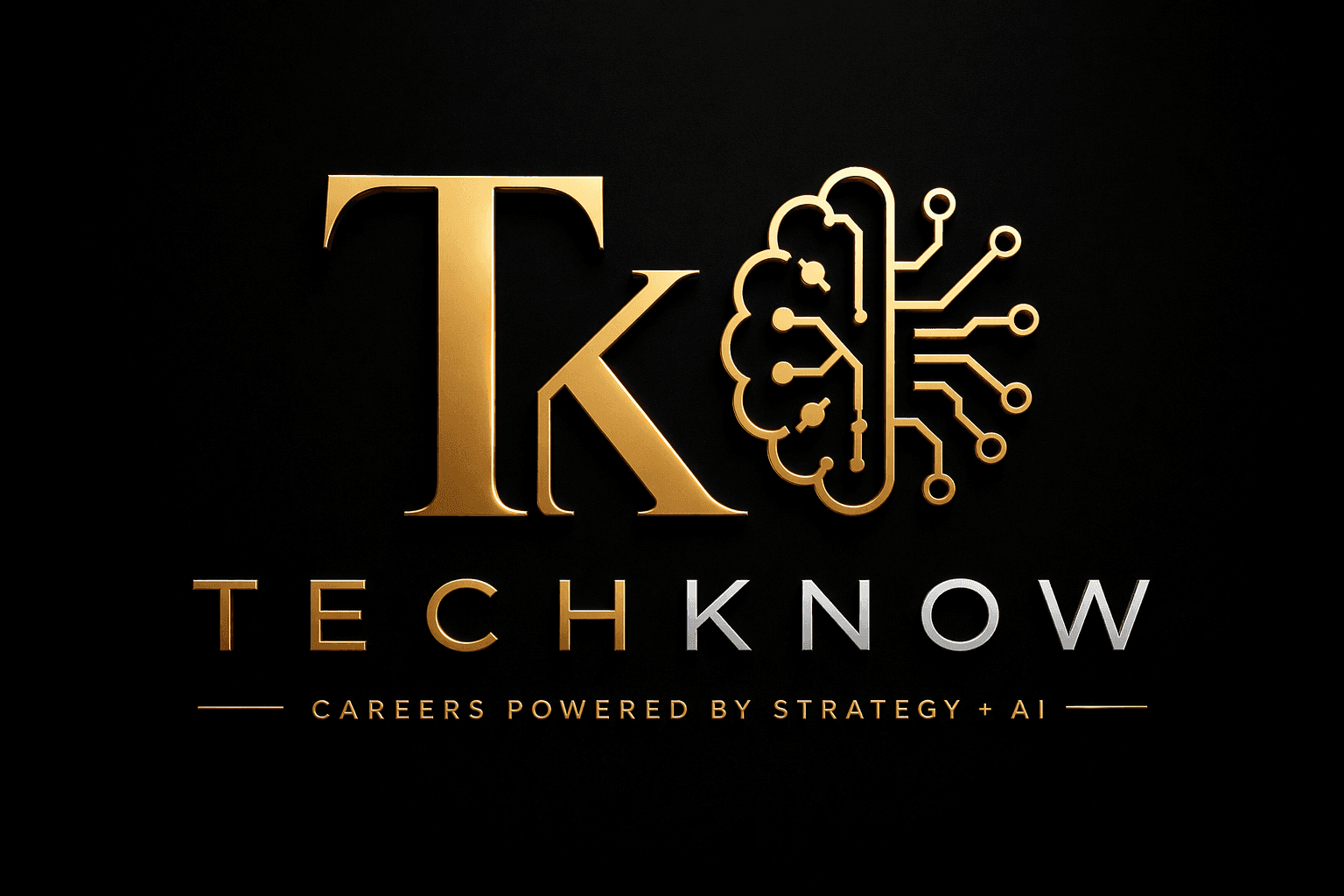 Gold and silver Techknow logo featuring TK initials, circuit brain icon, and AI career tagline.