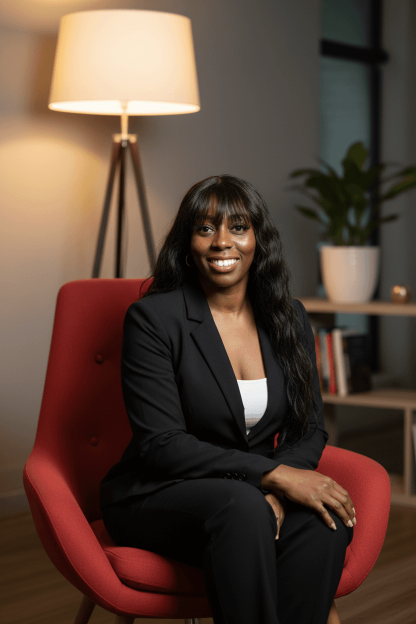 Smiling Black woman in a professional black suit sitting in a red armchair.