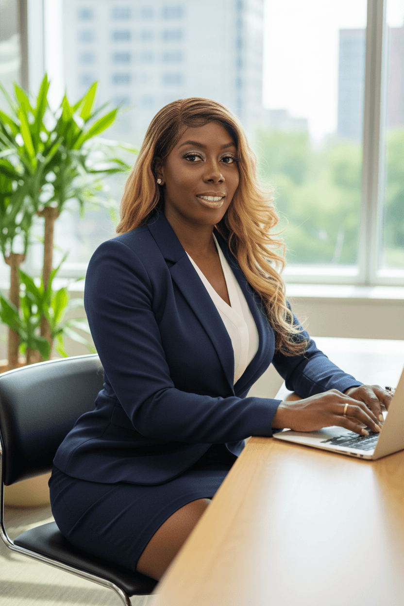Smiling professional Black woman in a navy suit using a laptop in a bright office.