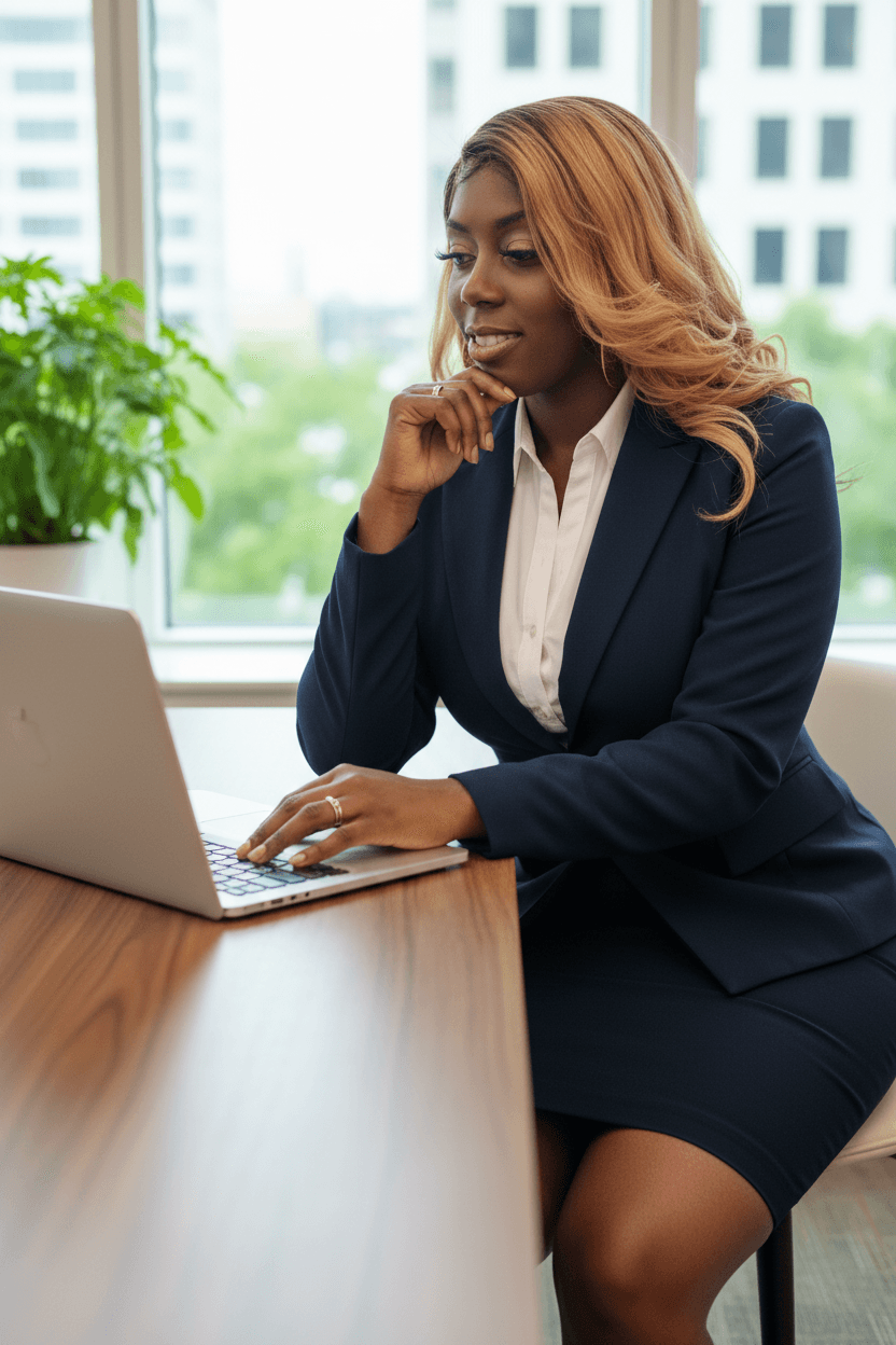 Professional Black woman in a navy suit working on a laptop at her desk.