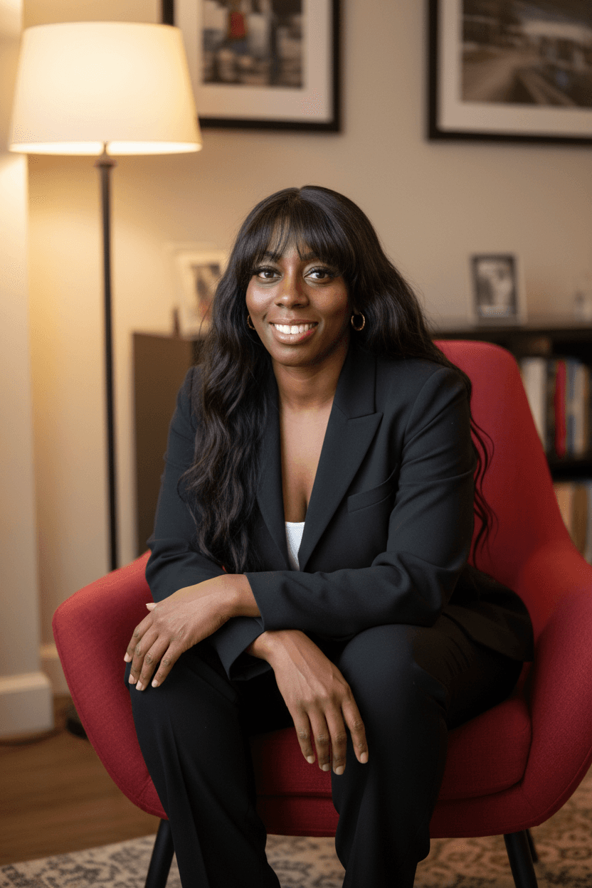 Smiling Black woman with long hair wearing a black suit, seated in a red armchair.