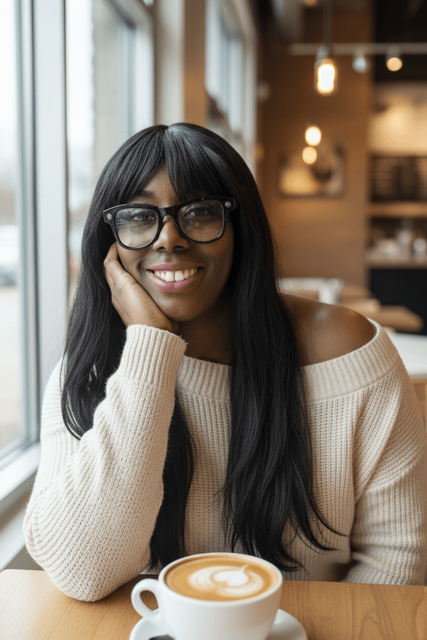 Smiling Black woman with glasses and long hair sitting in a cafe with a latte.
